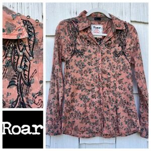 Roar Womens Pink Floral Rhinestone Embellished Long Sleeve Button Down Shirt Top